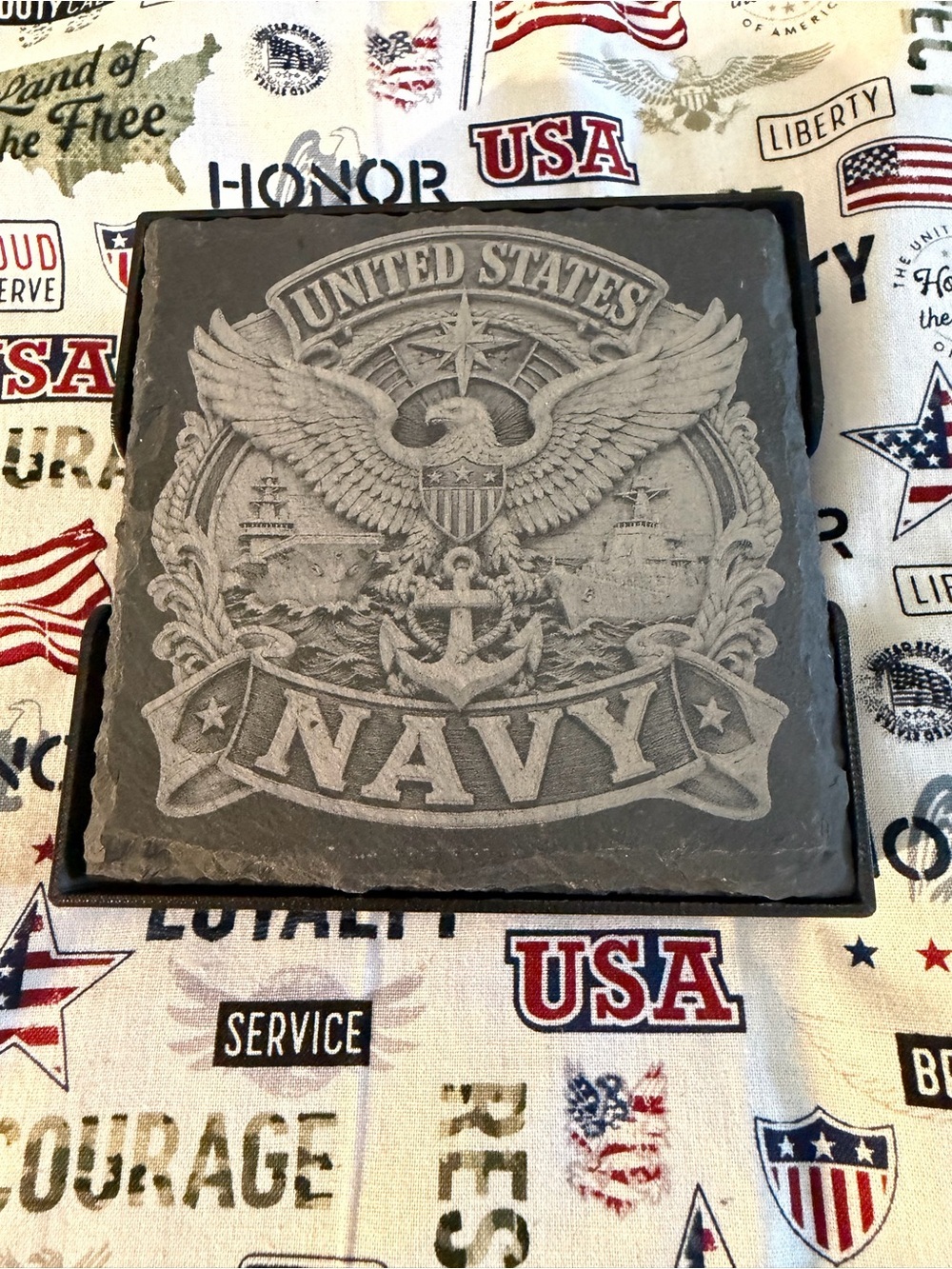 Hand Crafted Laser Engraved United States Navy Slate Coaster Set & Holder NWOT